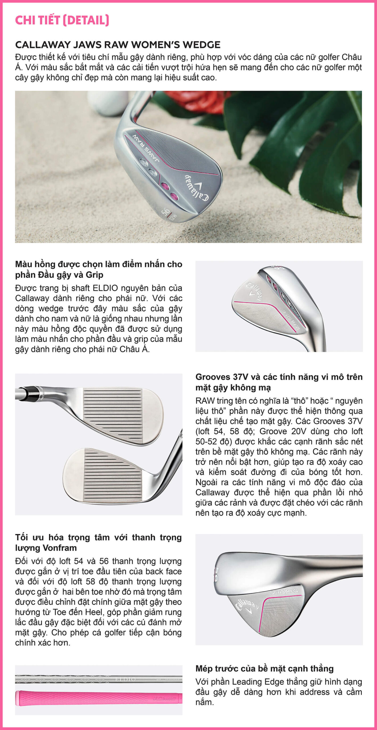 Mặt gậy Callaway Jaws Raw Ladies không phủ chrome, rãnh JAWS sắc nét tăng độ xoáy quanh green
